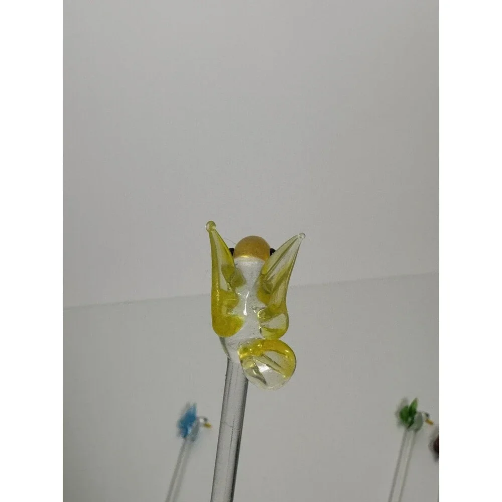 4 Vtg MCM Hand Blown Art Glass Bird Swizzle Stir Sticks Blue Green Yellow Purple